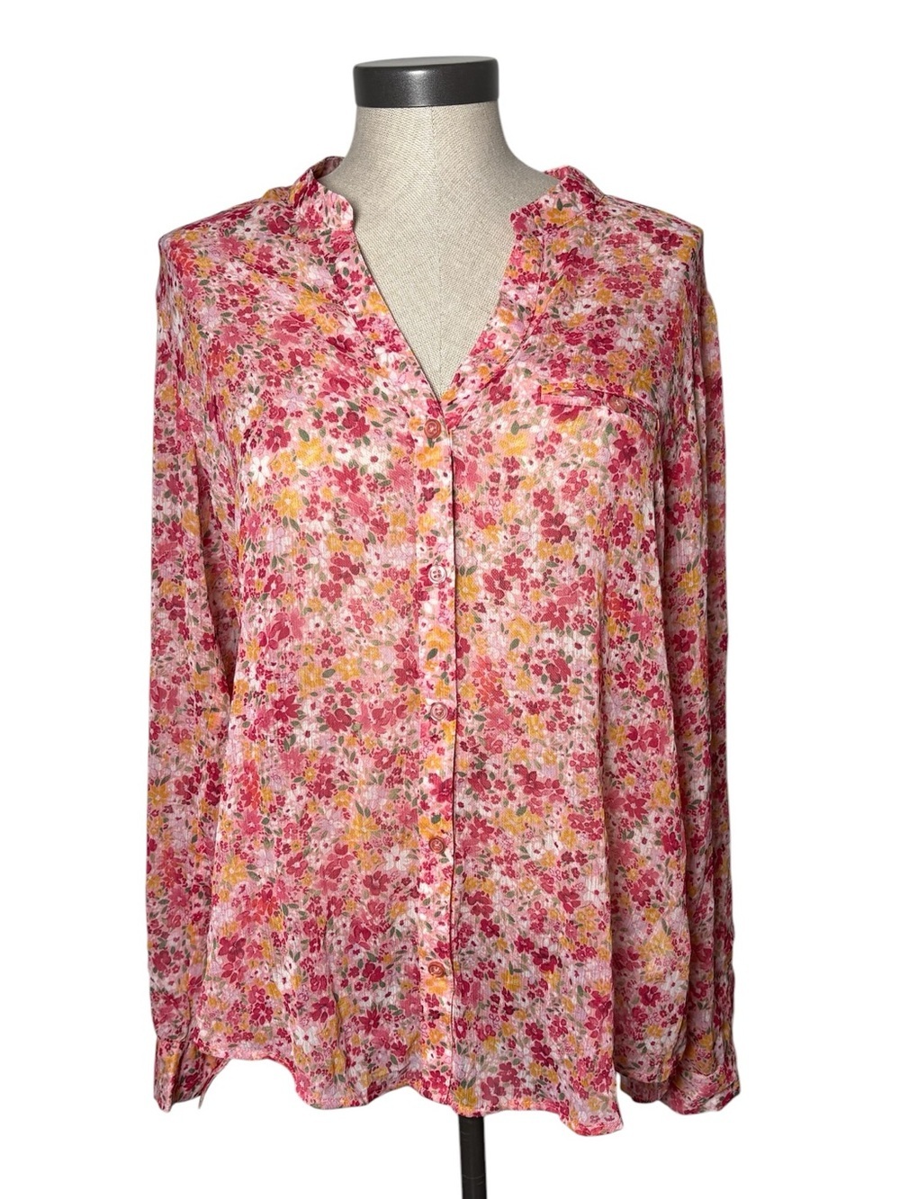 Kut From The Kloth Floral Button Front Blouse Large Pink Flowy V Neck